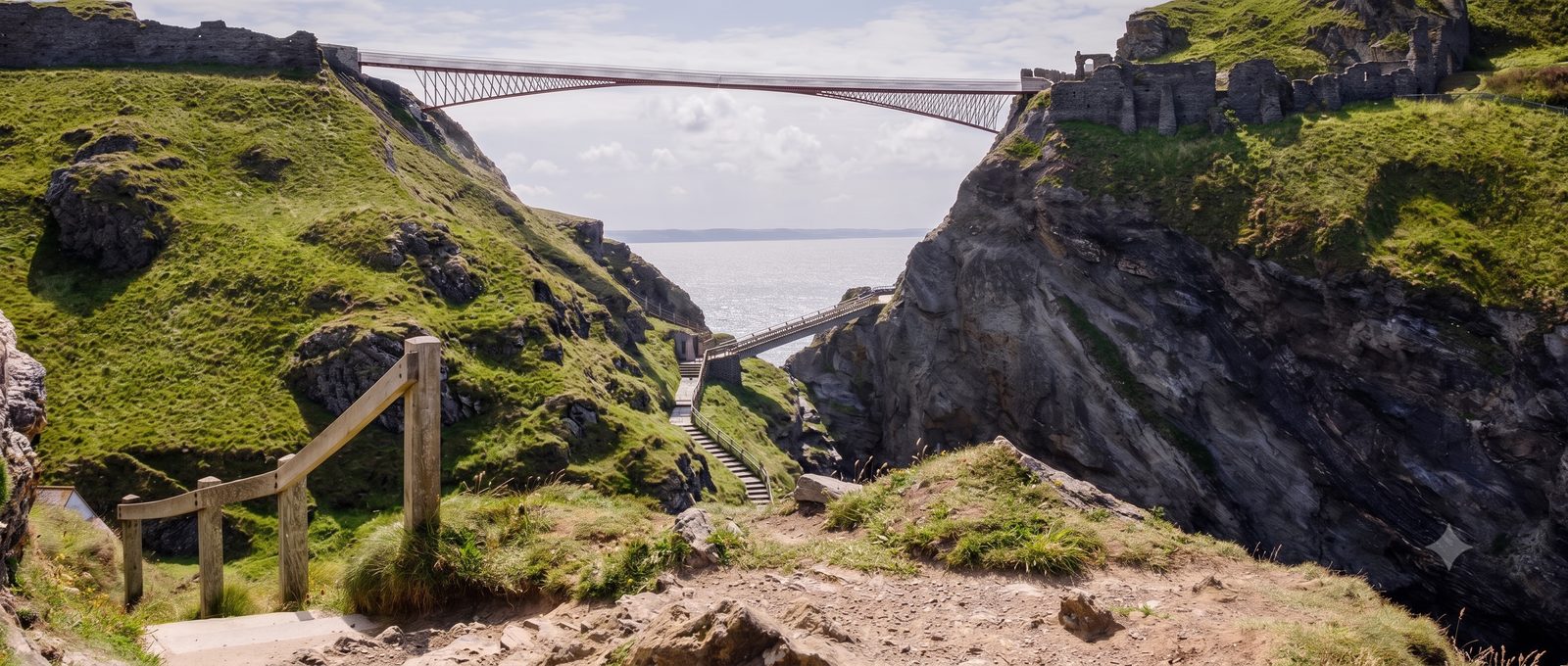 Tintagel footbridge spanning the chasm to the island ruins