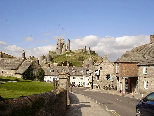 Corfe Castle ruins above the village, Isle of Purbeck